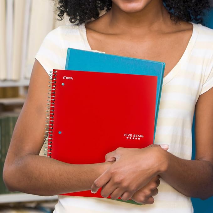 Five Star Spiral Notebook + Study App, 5 Subject, College Ruled Paper, 8-1/2" x 11", 200 Sheets, Fights Ink Bleed, Water Resistant Cover, Fire Red (72077) (Pack of 2)