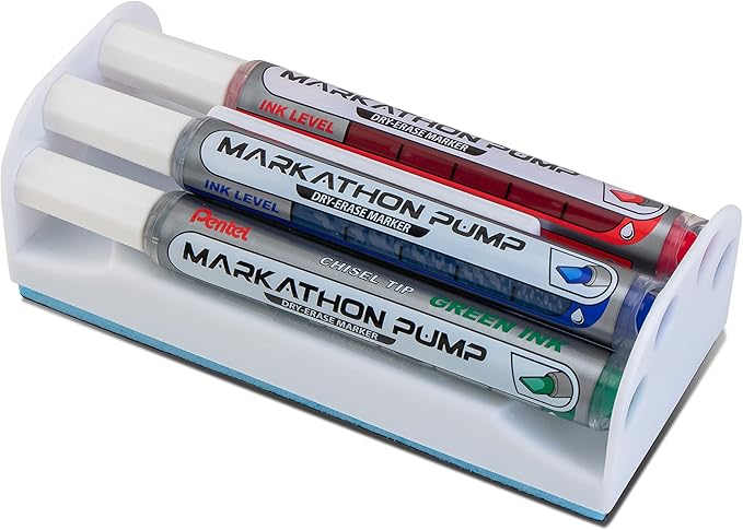 Pentel Markathon Pump Dry Erase Marker, Chisel Tip, Assorted Colors, 4 Pack with Eraser (MWL6SXBP4MKIT)
