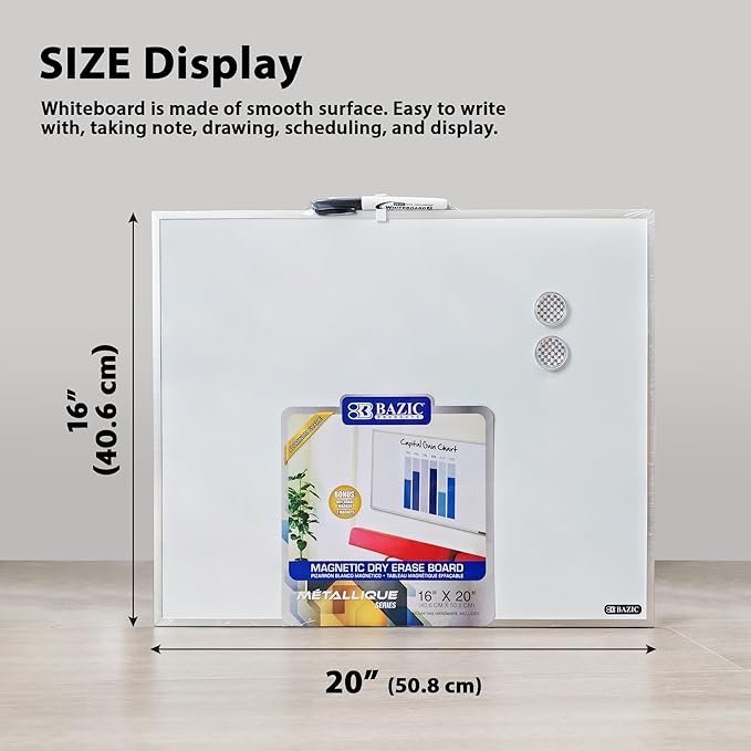 BAZIC Products Magnetic Dry Erase Board Aluminium Frame 16"x20", Whiteboard, Dry Erase Marker, Magnet, for Teacher Office Home, 6-Pack