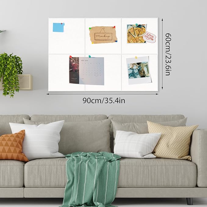 Large Cork Board 36" x 24", 6 Pack Felt Bulletin Board with 30 Pushpins, Cork Boards Alternative with Self-Adhesive Strips, Felt Wall Tiles Pin Board for Wall Office Home School Decor-White