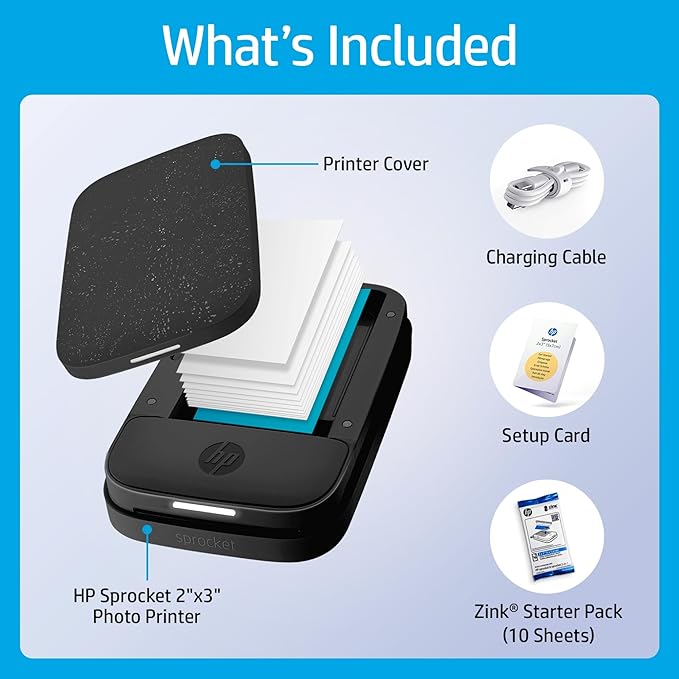 HP Sprocket Portable 2x3 Instant Photo Printer (Black Noir) Print Pictures on Zink Sticky-Backed Paper from Your iOS & Android Device.