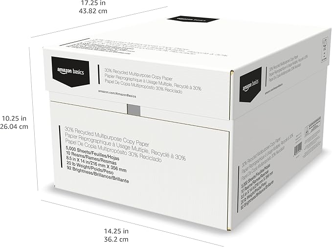 Amazon Basics 30% Recycled Multipurpose Copy & Print Paper, 8.5 x 14 in, 20 lb Weight, 92 Bright, White, 5000 Sheets (10 Reams)