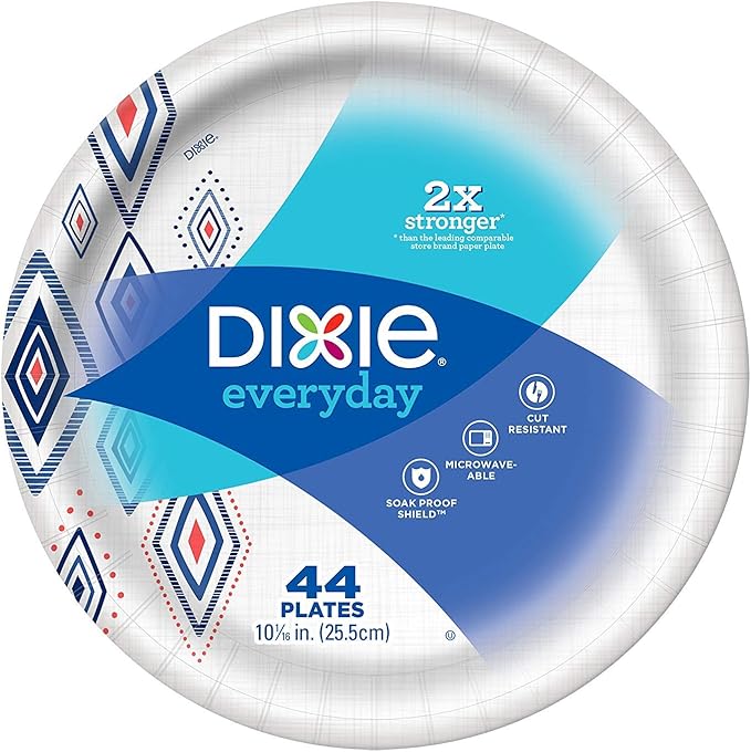 Dixie Everyday Paper Plates, 10 1/16", 220 Count, 5 Packs of 44 Plates, Dinner Size Printed Disposable Plates