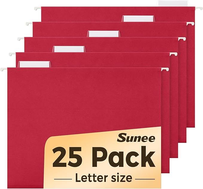SUNEE Hanging File Folders, 25 Pack Letter Size Hanging File Folders with 1/5-Cut Tabs, Ideal for Home and Office Organization and Papers Classification,Red