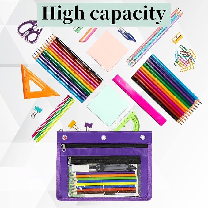 YoeeJob 6 Pack 1 Inch Expandable Zipper Pencil Pouches with Clear Window for 3 Ring Binder, Suitable for School & Office(Purple)