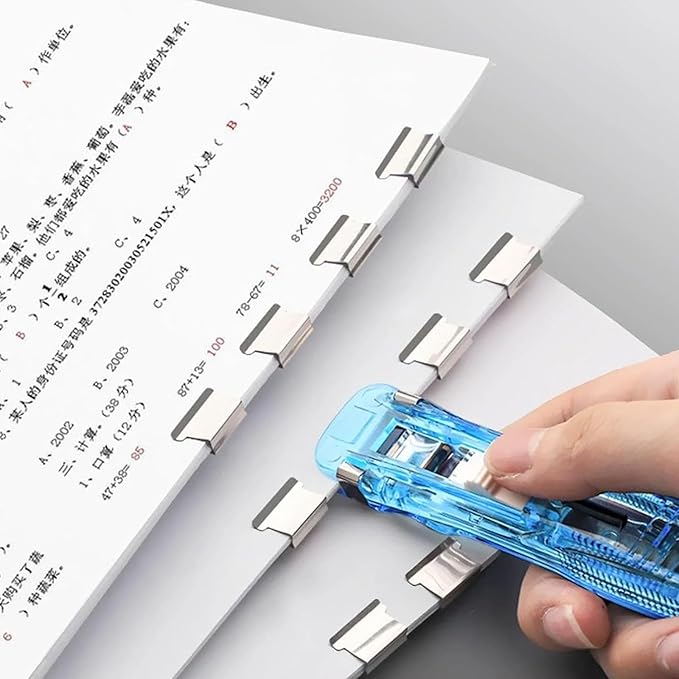 Portable Binder Clip Stapler, Includes 100 Reusable Clips, Handheld Paper Clam Clip Dispenser Large Size, Mini Push Stapler Clamp Staplers for Desktop Document Home School Desk Office(Blue*2)