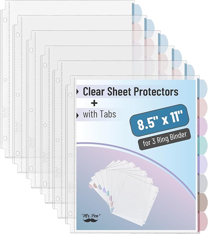 Mr. Pen- Clear Sheet Protectors with Binder 8 Tabs, 6 Sets, Morandi Color, Clear Plastic Dividers for 3 Ring Binder, Insertable Index Page Divider Multicolor Tabs