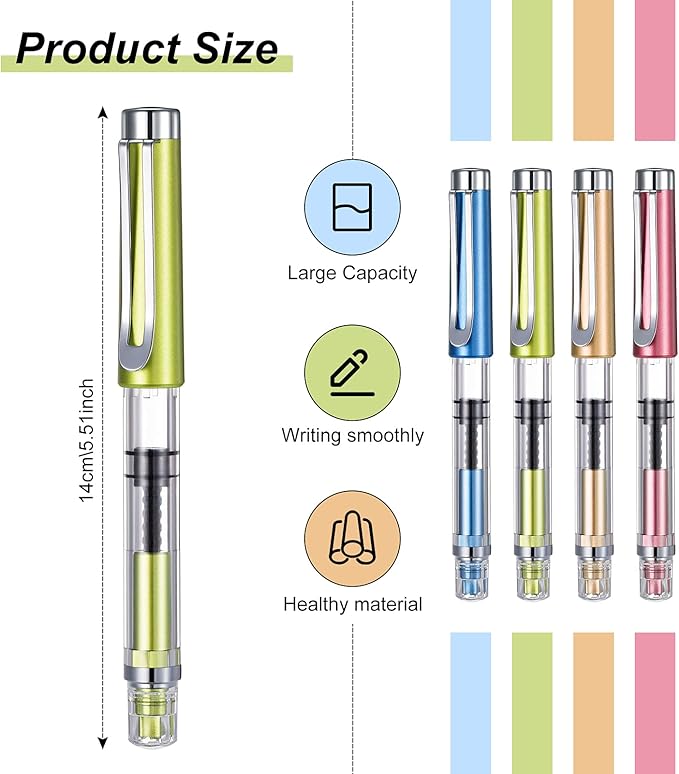 Epakh 4 Pieces Refillable Fountain Pen Transparent Piston Pen Extra Fine Filling Fountain Stationery for Calligraphy Painting, Drawing, School, Scrapbook and Sketch Signature