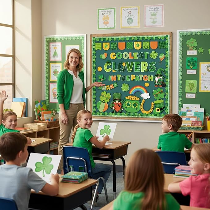 St. Patricks Bulletin Board Decorations - Irish Classroom Decorations, Shamrock Gold Coin Gnome Green Lucky Clover Paper Cutouts Set for School Chalkboard Office Wall Decor