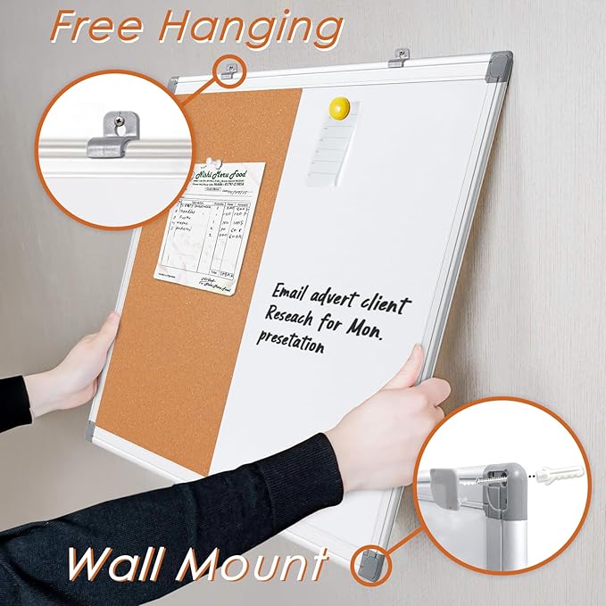 S SWANCROWN Dry Erase Board Cork Board Combo, 24"x18" Magnetic White Board and Bulletin Pin Board Combination,Hanging Wall Mounted Vision Board for Home, School, Office,Silver Frame