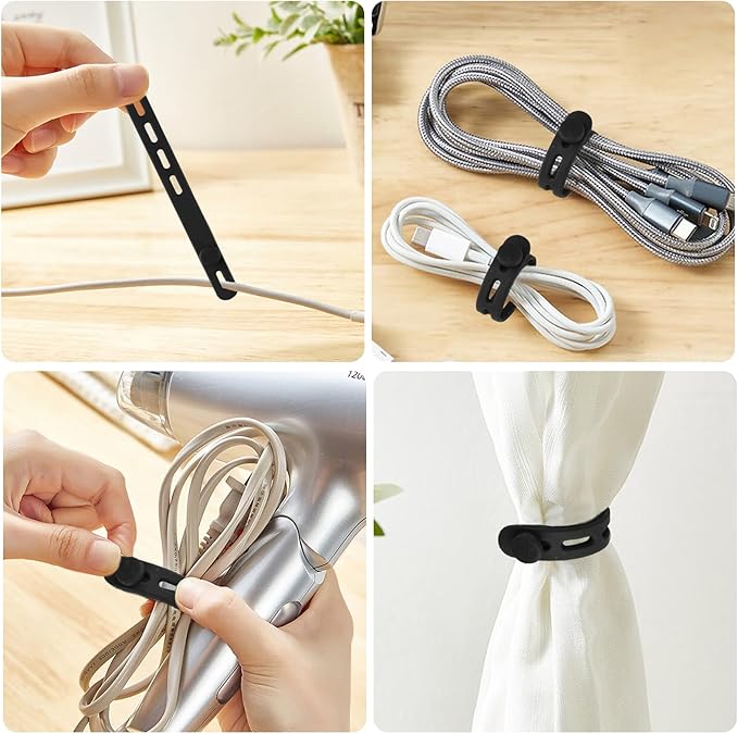 40 Pcs Black Silicone Cable Ties, Reusable Cable Straps Wire Organizer, Cable Management Cord Organizer for Fastening Earphone Phone Charger Home Office Desk Kitchen Appliances Cable Cords Wires