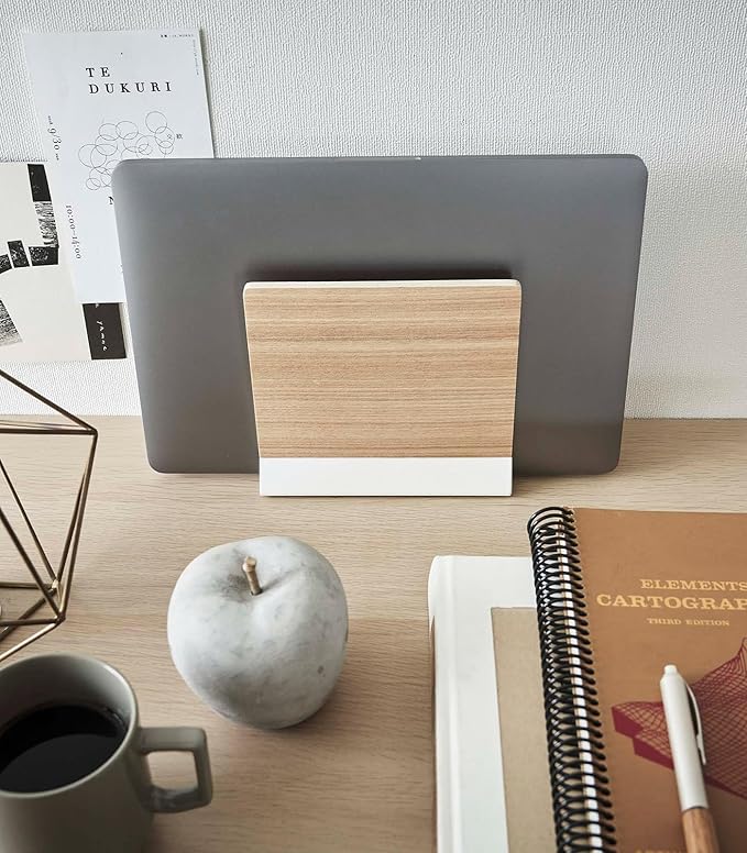 YAMAZAKI Home Rin Portable Laptop Holder Stand for Desk in Bedroom Or Office, Wooden Storage Station - Steel + Wood