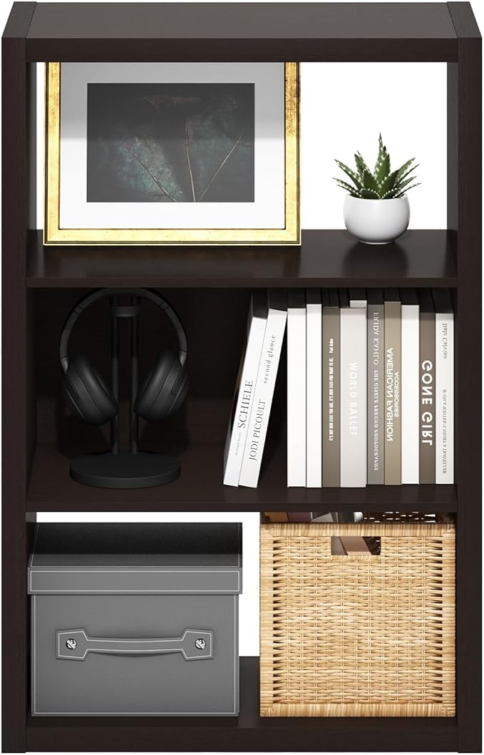 Furinno Viola Book Shelf, 3-Tier Bookshelf, Extra Thick Frame Bookcase with Open Shelf, Open Back Design, 11.3" x 23.2" x 35.9", for Living Room, Bedroom, Home Office, Black Dark Oak