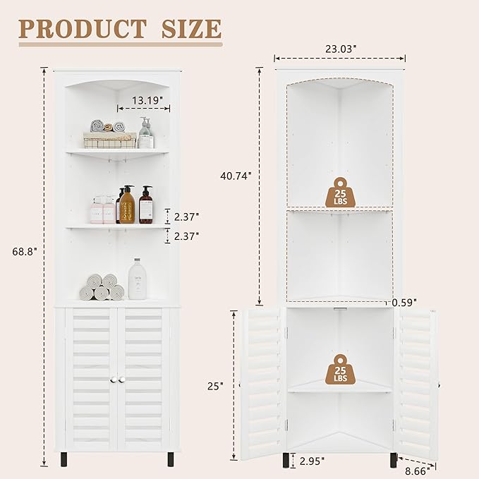 VECELO Tall Corner Cabinet, 68.8'' Storage Cabinet with Doors and Adjustable Shelves, for Living Room, Bathroom, Kitchen, White