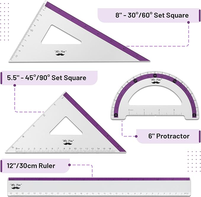 Mr. Pen- Geometry Set, Purple Stripes, 4 Pack, Metal Geometry Kit, Triangle Ruler, Metal Ruler, Drafting Triangles, Metal Protractor, Metal Set Square, Drafting Ruler, Drafting Set