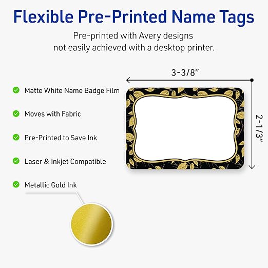 Avery Printable Adhesive Name Badges, 2-1/3" x 3-3/8", Pre-Printed Flourished Black Border w/Golden Leaves Design, Matte White, Laser & Inkjet Compatible, 80 Total