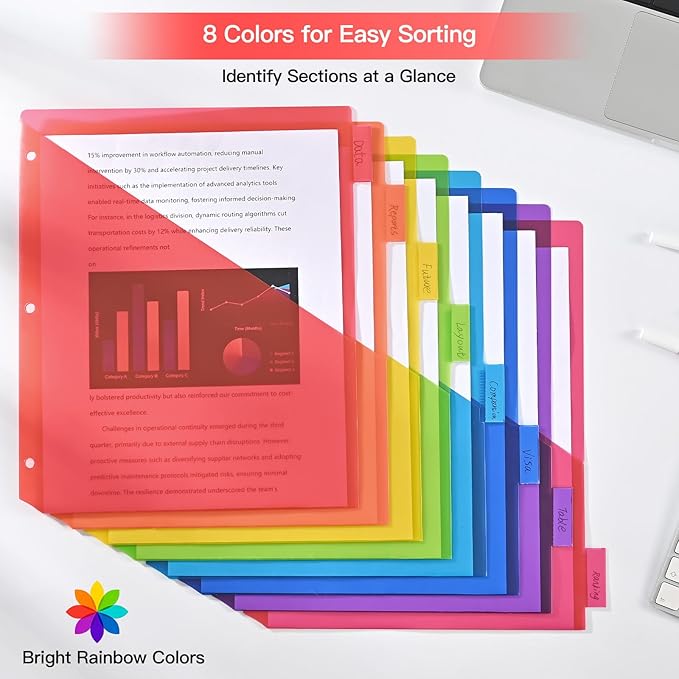 SUIN 8-Tab Binder Dividers with Double Pockets - Translucent Plastic Page Separators for 3 Ring Binder, Front & Back Storage, Durable Poly, Letter Size, Rainbow Colors, 1-Pack