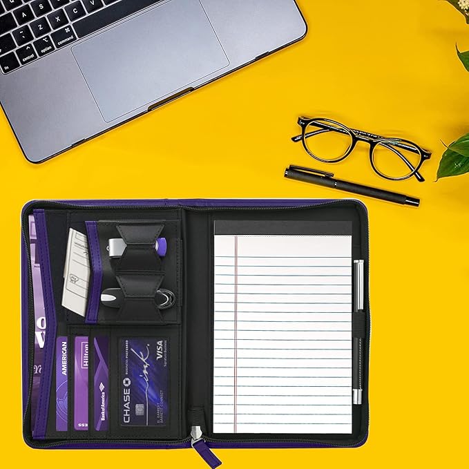 Small Portfolio Organizer, A5 Zippered Business Portfolio, Junior Padfolio Folder Binder for Women & Men, 5 x 8 Writing Pad Included, Dark Purple