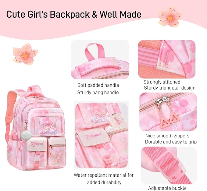 Kids Backpack School Bags for Girls, Cute Princess Backpack Multi-pocket Elementary School Students Bookbag for Girls, Blue