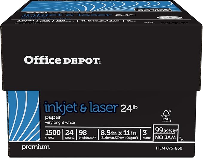 Office Depot Laser Print Paper, 8 1/2in. x 11in., 24 Lb, 30% Recycled, 500 Sheets Per Ream, Case Of 3 Reams, 751440