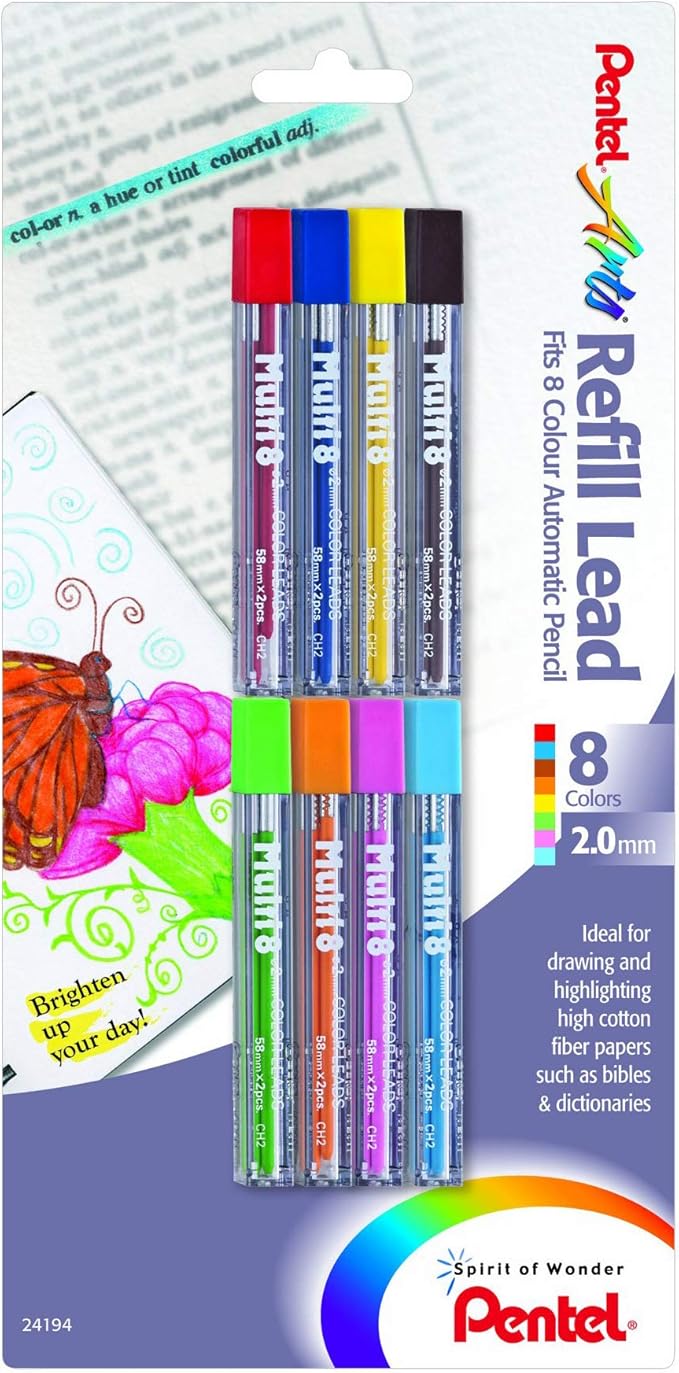 Pentel Arts 8 Colour Refill Lead, Assorted Colors, 8 Pack (CH2BP8M)
