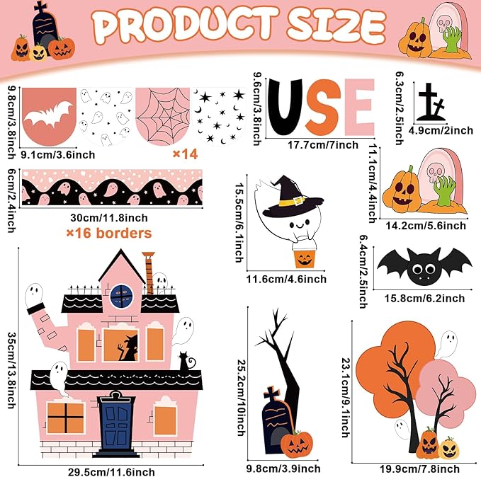 ojustbeok Halloween Bulletin Board Decorations Halloween Kind Classroom Cutouts Trick Treat Pumpkin Bat Ghost Castle Paper Decors for Holiday School Classroom Chalkboard Wall Decor Teacher Supplies