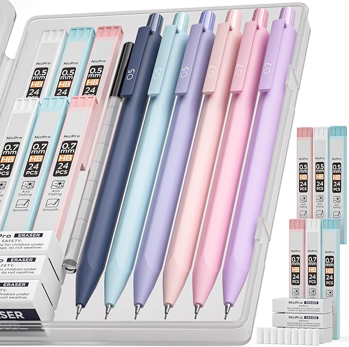Nicpro 6PCS Pastel Mechanical Pencil Set with Case, Cute Drafting Pencils 0.5mm & 0.7mm with 6 Tubes HB Lead Refills, Erasers, Eraser Refills, Aesthetic School Supplies for Girls Drawing Sketching