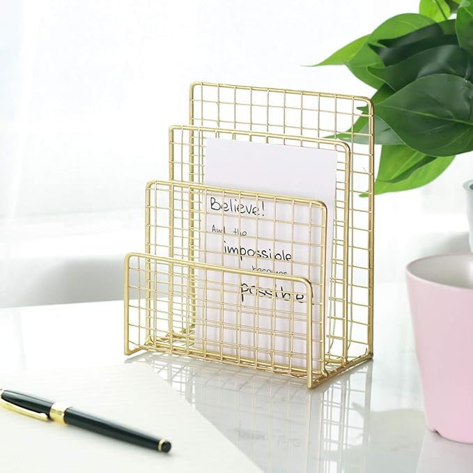 3 Slots Letter Holder, Metal Multifunctional File Holder for Mails, Books, Brochures and Postcards, Desktop Office Organizer Decoration, 5.6” x 3.7” x 7.0”, Gold