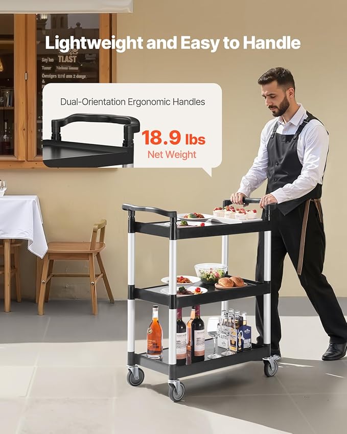 VEVOR Utility Cart, 300 lbs Load Capacity, 3-Tier Utility Plastic Cart with 360° Swivel Wheels (2 with Brakes), 24.4 x 16.1-inch Food Service Cart for Warehouse, Office, Home, Restaurant, Kitchen