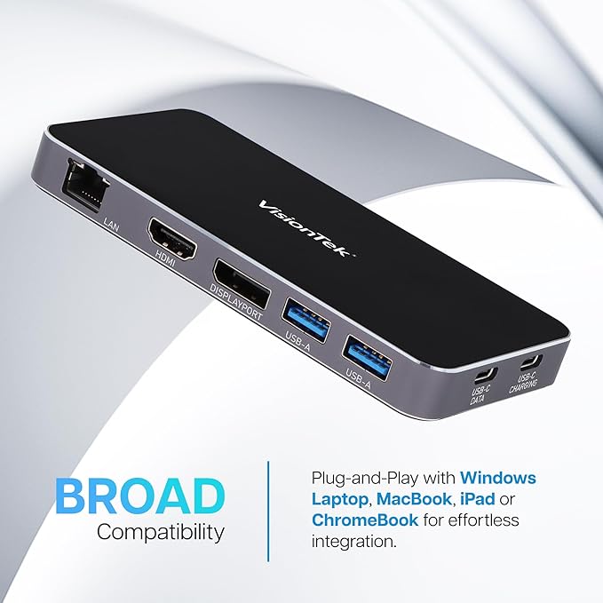VisionTek VT400 Portable USB-C Dual Monitor Hub - 1x DP, 1x HDMI, 2X USB-A, 1x Ethernet, 1x USB-C for Windows/MacOS/ChromeOS/iOS