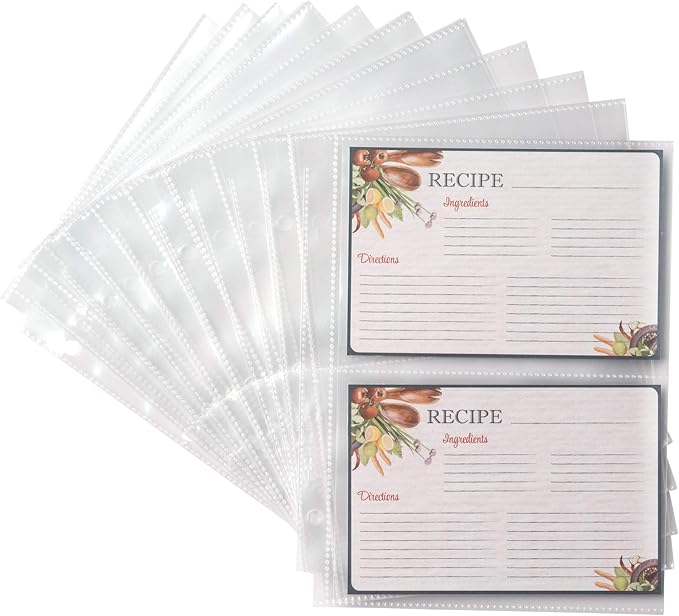 Samsill 4x6 Recipe Card Protectors, Splatter Proof, 2-4 Recipe Cards Per Sheet, Fits 8" x 9" - 3 Ring Binders, 25 Pack