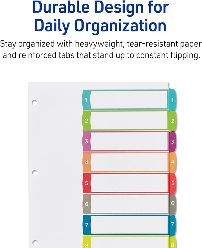 Avery Dividers for 3 Ring Binders, 8 Tabs per Set, Customizable Table of Contents, Multicolor Arched Tabs, Great for Organizing Reports, Projects, and More (11841)