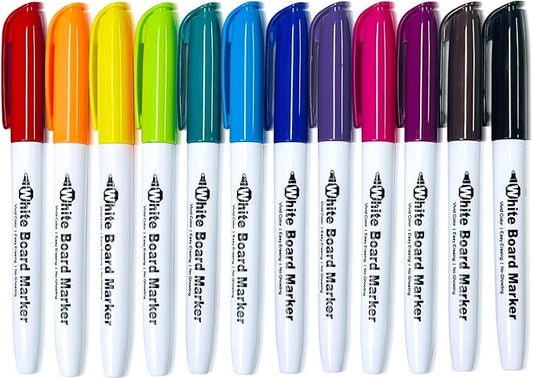 SFAIH Dry Erase Markers Fine tip 12 Colors, 12 Pack (1 Dozen) Low Odor Whiteboard Markers for Classroom, Homeschool, Non-Toxic Gift for Kids, Travel Drawing, Learning to Write, Reusable Art Supplies
