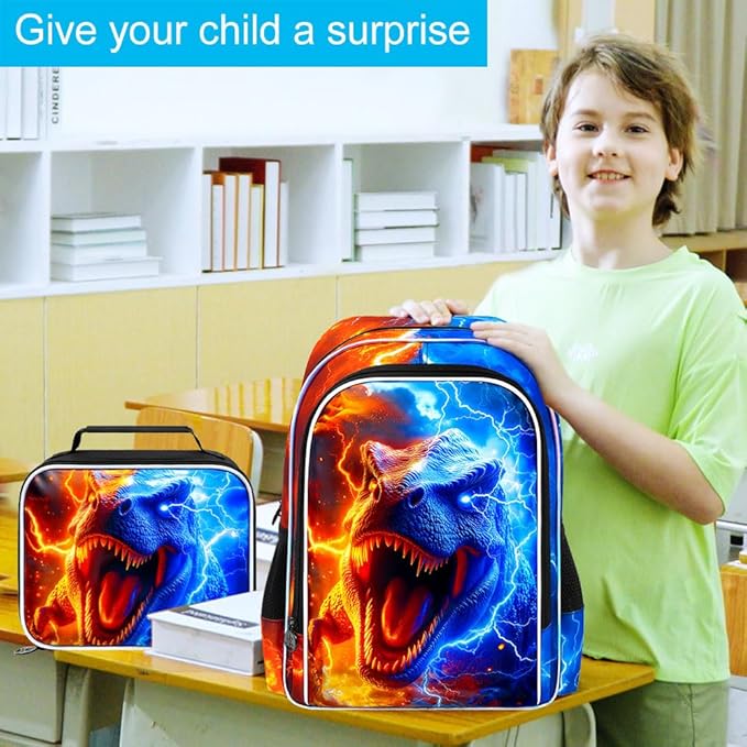 gxtvo 3PCS Dinosaur Bookbag for Boys, 17" Kids Backpack with Lunch Box, Water Resistant Middle Elementary School Bag - Fire & Lightning T. rex