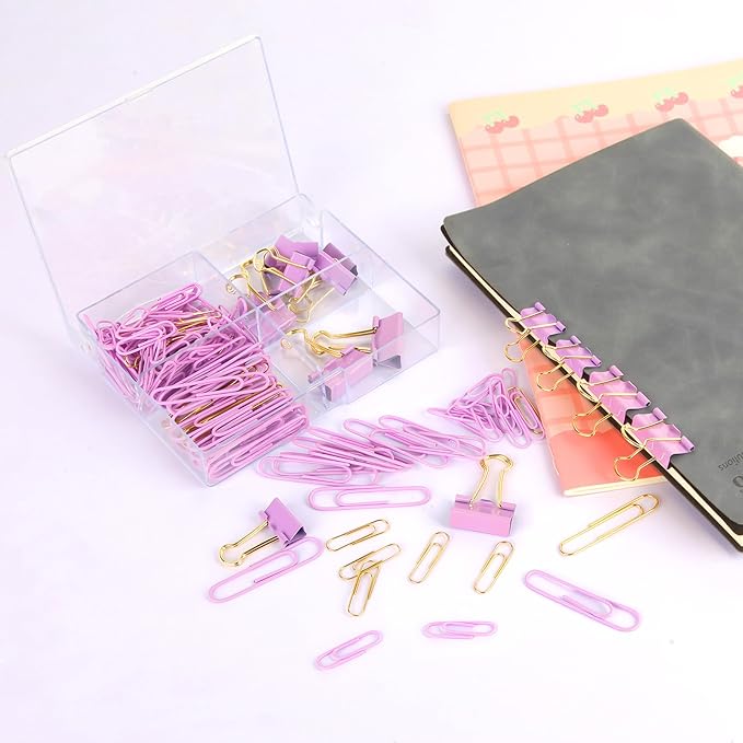 Cute Paper Clips Binder Clips Combo Set, 165 Psc, Assorted Size Paper Clips for Office, Cute Office Supplies Set, Purple