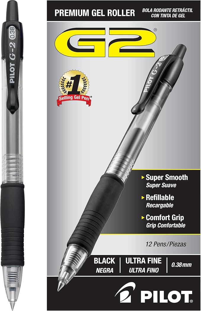 Pilot, G2 Premium Gel Roller Pens, Ultra Fine Point Gel Pens 0.38 mm, Pack of 12, Black