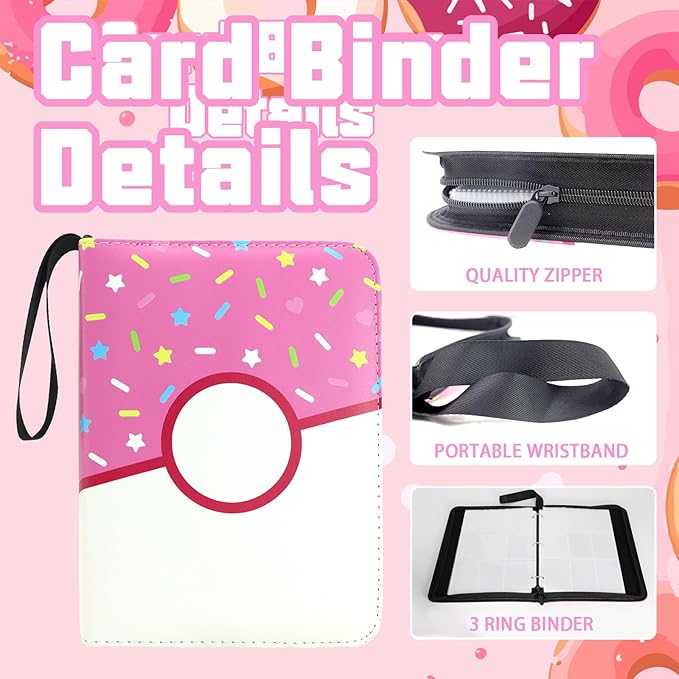 9 Pocket Card Binder 900 Card Holder Album, Pink Donut Trading Cards Holder Zipper Binder for Girl Teen Collection (Pink Donut, 900 Pocket)