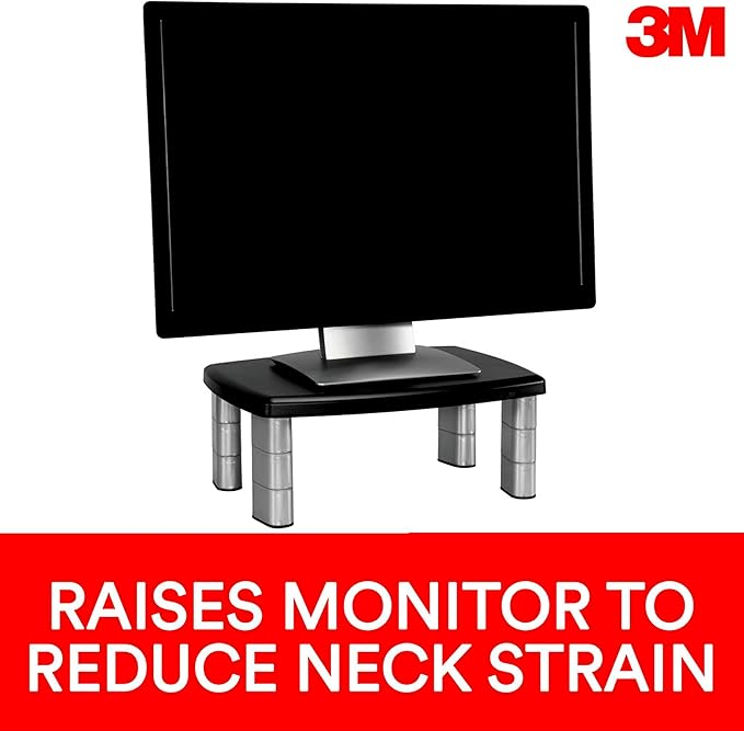3M Adjustable Monitor Stand, Three Leg Segments Simply Adjust Height from 1" to 5 7/8", Sturdy Platform Holds Up to 80 lbs, 11-inch Space Between Columns for Storage, Silver/Black (MS80B)