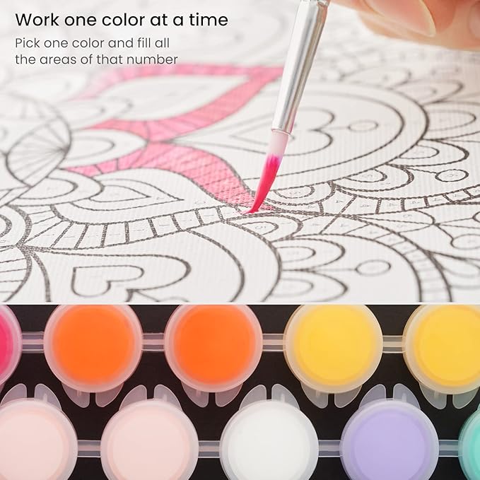 ARTEZA Paint by Number for Adults, 12x16 Inches, 21 Pieces, Mandala Paint by Numbers Kit, Comes with 1 Canvas Panel, 12 Acrylic Paint Pots, 5 Paintbrushes, Art Supplies for Home & Office Wall Decor