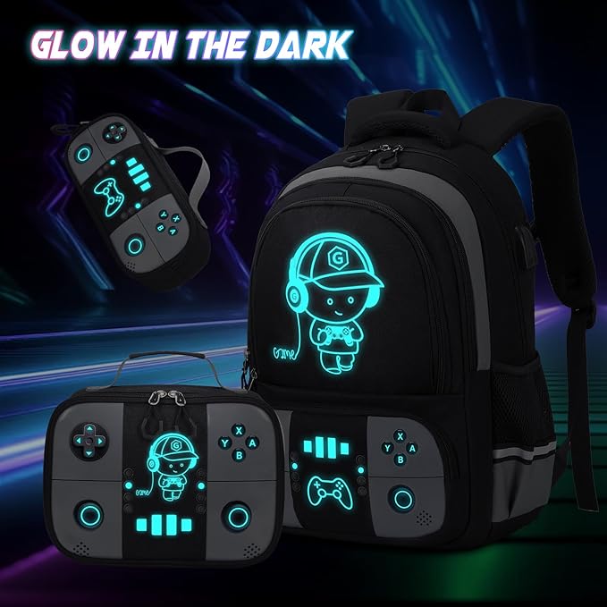 Bevalsa Backpack for School Boys, Cool Luminous Gamer Boys Backpack with Lunch Box & Pencil Pouch Set for Kids Children Teens Elementary Middle Schools, Schoolbag Bookbag Glow In The Dark (Grey)