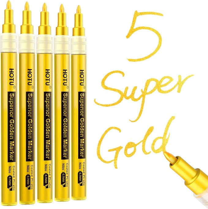 5 Pack Super Gold Paint Markers - Metallic Gold Acrylic Paint Pens Glitter Extra Fine Tip 0.7mm for Black Paper,Wood, Rock Painting, Glass, Fabric