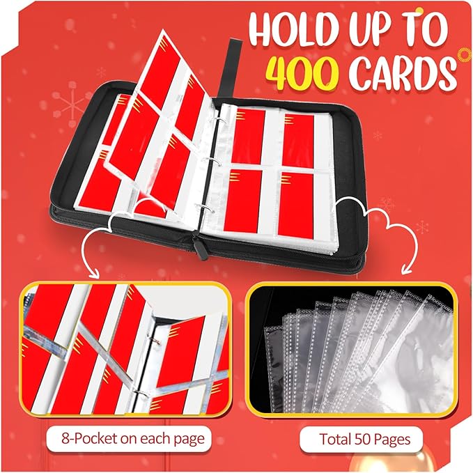 Card Binder 4 Pocket, Collectible Trading Card Albums Fits 400 Cards with 50 Removable Sleeves, Portable Trading Card Binder Collection Album Holder, Game Card Case book With Zipper for Gifts, L-Green