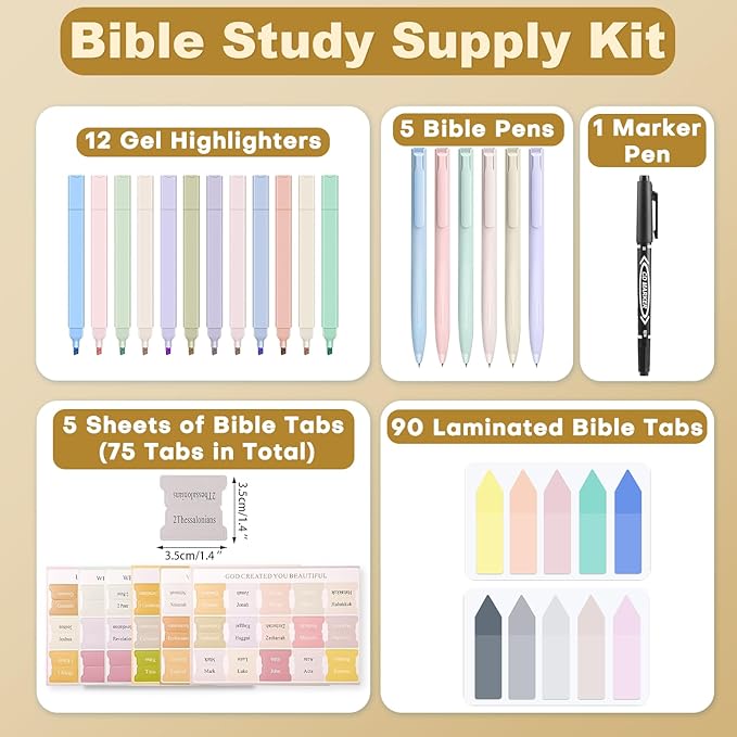 Bible Study Supply Kit Journaling Set with 12 No Bleed Highlighters, 6 Bible Pens, 75 Tabs and 2 Sticky Notes, Ideal for Christian Gifts & Scripture Annotation