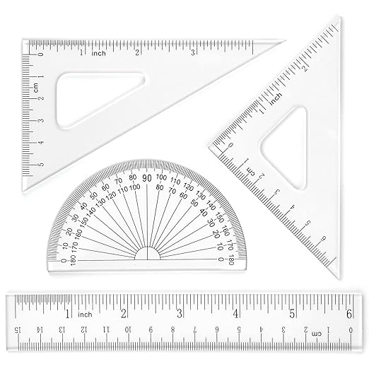 Coopay 6 Inch Math Geometry Tool Plastic Ruler Square Set Includes Straight Ruler, Triangles, Protractor for Student School Office Supplies (Clear)