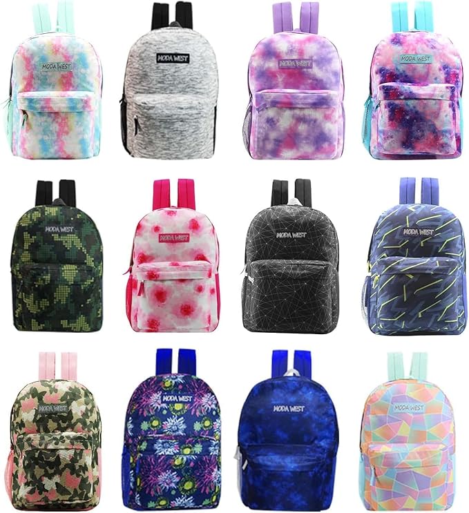 12-Pack 17” Sport Backpacks with 52 Piece School Supplies Kits - Pens, Pencils, Crayons – Bulk Bundle for Elementary, Middle, and High School Students, 12 Assorted Styles