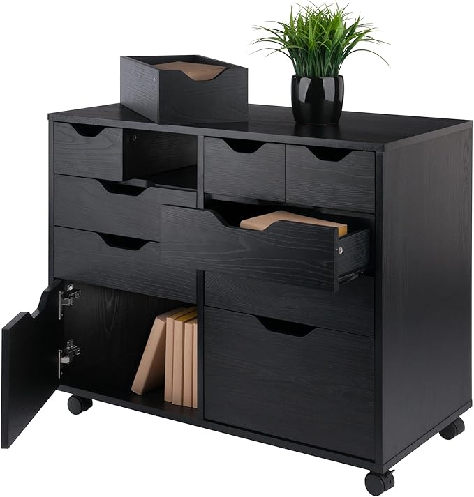 Winsome Halifax Storage Mobile Cabinets, 2 Doors, 4 Drawers, 4 Small Bins, for Home Office, Black