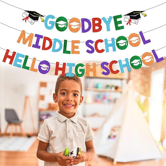 Goodbye Middle Hello High School Banner 8th Grade Graduation Decorations Graduation Banner Class of 2026 for 8th Grad Graduation Party Decorations Glitter