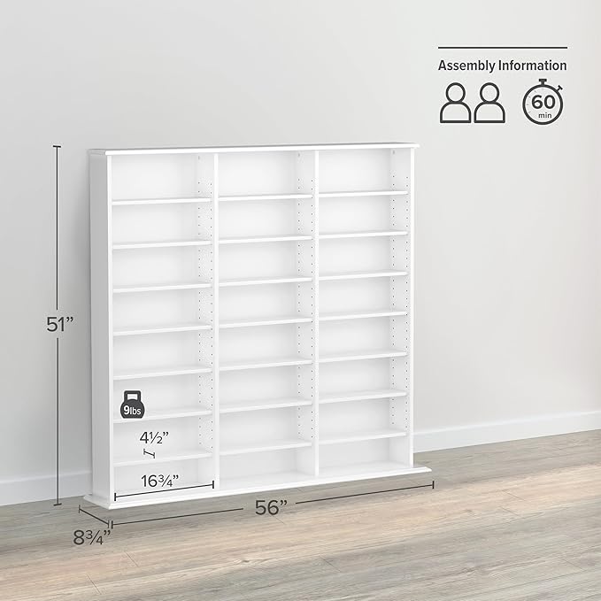 Prepac 3 Column 51" Tall White Display Multimedia Cabinet, Wood Media Storage with Removable Sheves, Modern Multimedia Storage Unit with 21 Adjustable Shelves for Books, DVDs and Collectibles, White