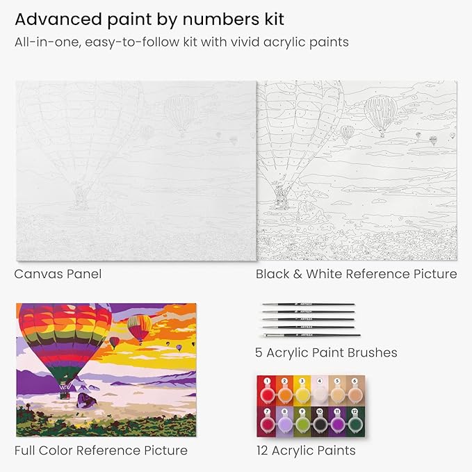 Arteza Paint by Number for Adults, 12x16 Inches, 21 Pieces, Hot-Air Balloon Paint by Numbers Kit, Comes with 1 Canvas Panel, 12 Acrylic Paint Pots, 5 Paintbrushes, Art Supplies for Home & Office Decor