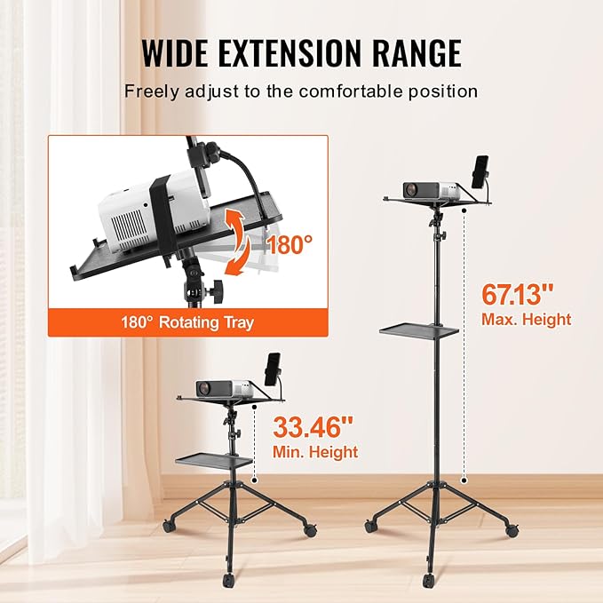 VEVOR Projector Stand with Wheels, Laptop Stand Tripod Adjustable Height from 31.3 to 67.3", Projector Tripod Stand with 2 Trays & Gooseneck Phone Holder, for Outdoor Movies, Home, Office or Studio